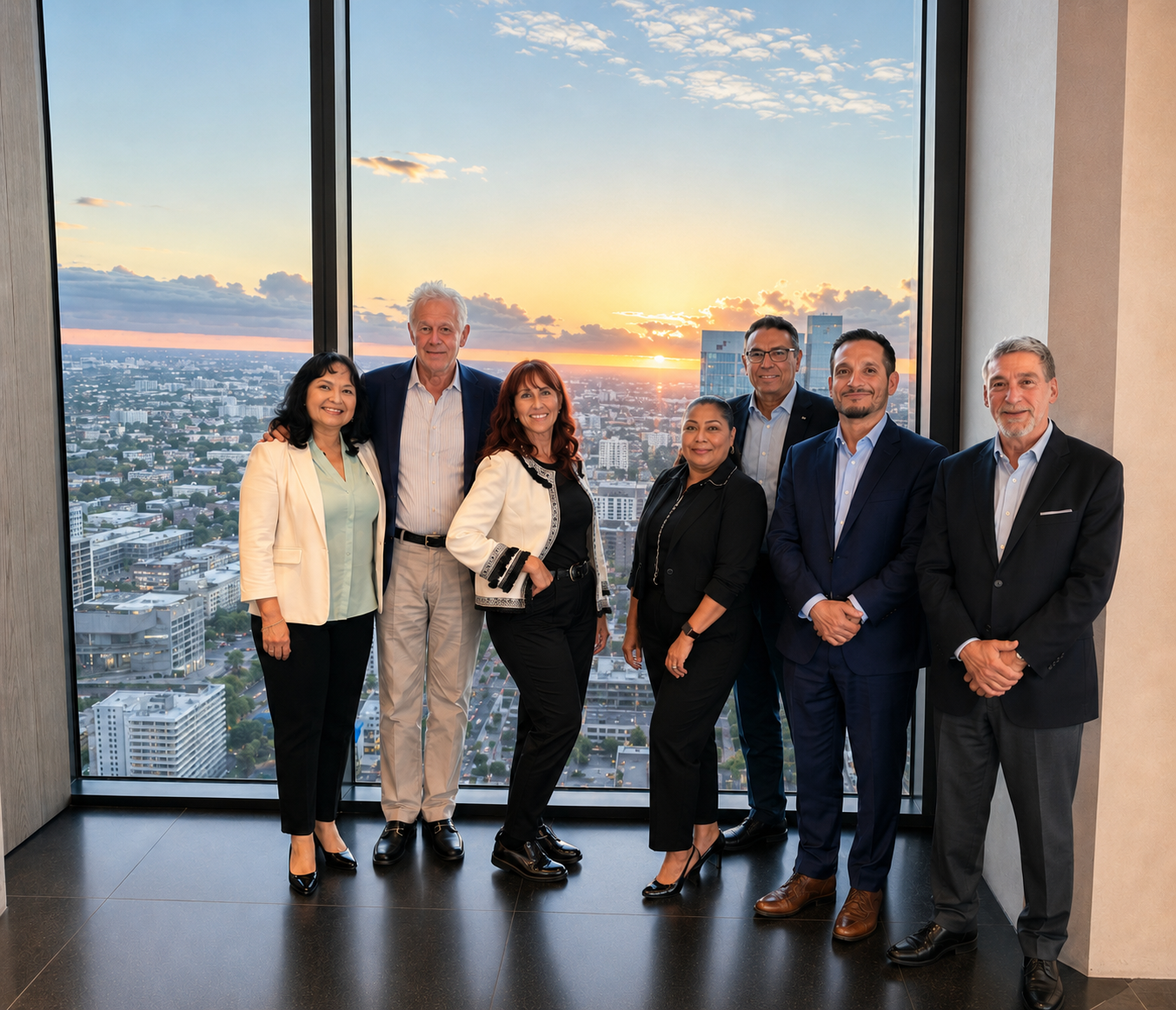 The Sunbelt Dimensional leadership team standing together in front of a window at sunset